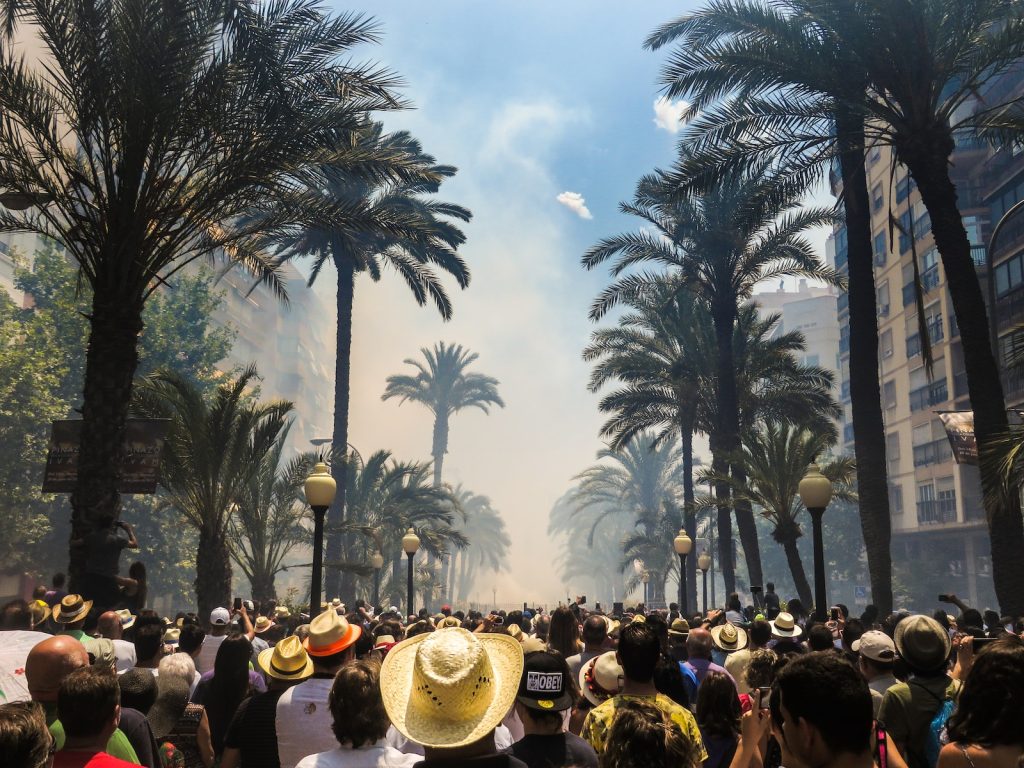 people standing on road between coconut palms surrounded by smoke